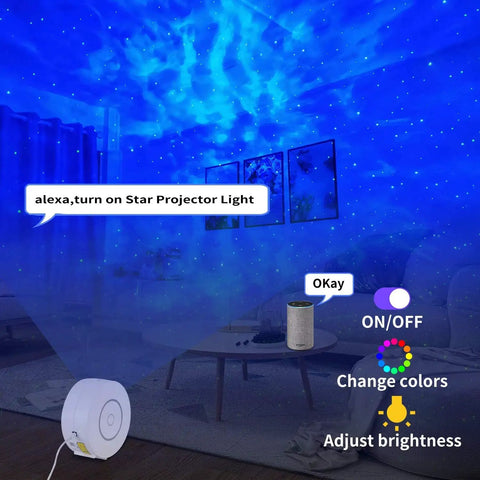 Smart Galaxy Star Projector With Nebula Night Light illuminating blue aurora on ceiling in a living room, showcasing app control features.