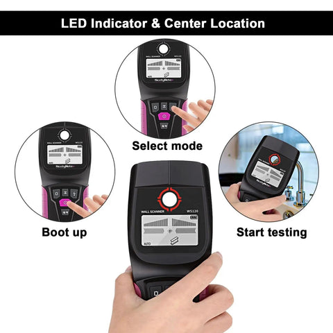 Professional Wall Scanner, Stud Finder & Live Wire Detector with LED indicators and mode buttons in hand for testing.