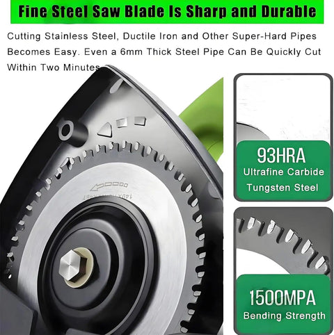 Professional Grade Heavy Duty Electric Pipe Cutter With Automatic Tube Cutting Machine And 5 Adjustable Speed Settings For Slick Plumbing And Metal Fabrication Up To 400Mm close-up of sharp fine steel saw blade.
