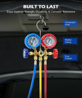 3 Way AC Manifold Gauge Set With 5 Ft Hoses For R134a R12 R502 R22 Automotive AC Service Kit With 29 Degree Adapter Piercing And Self Sealing Can Taps Pro Grade Antishock Gauges And Easy Readout, blue and red gauges, copper body