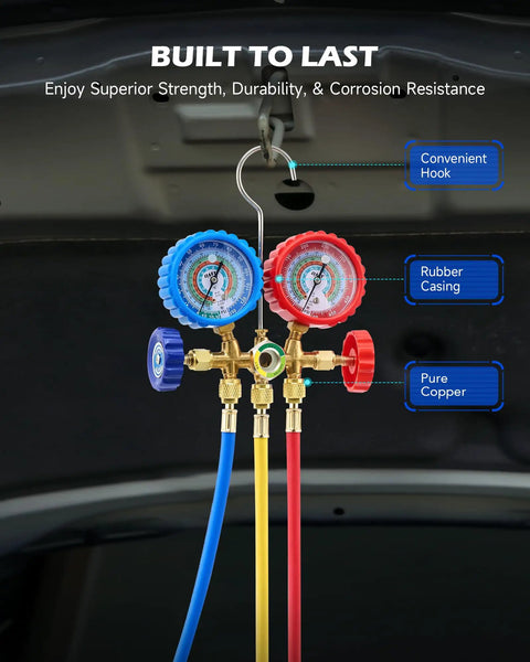 3 Way AC Manifold Gauge Set With 5 Ft Hoses For R134a R12 R502 R22 Automotive AC Service Kit With 29 Degree Adapter Piercing And Self Sealing Can Taps Pro Grade Antishock Gauges And Easy Readout, blue and red gauges, copper body