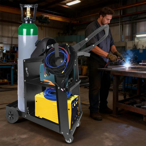 Heavy Duty 3 Tier Rolling Welder Cart With Tank Storage And Gas Cylinder Slots, Safety Chains For TIG ARC Plasma Cutter Welding Machines