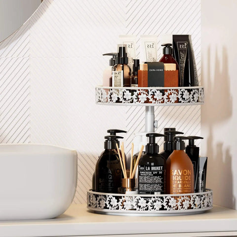 12 Inch 2 Tier Lazy Susan Turntable Organizer Adjustable Height Smooth Rotation Kitchen Countertop Spice Rack White Heavy Duty with bathroom products.
