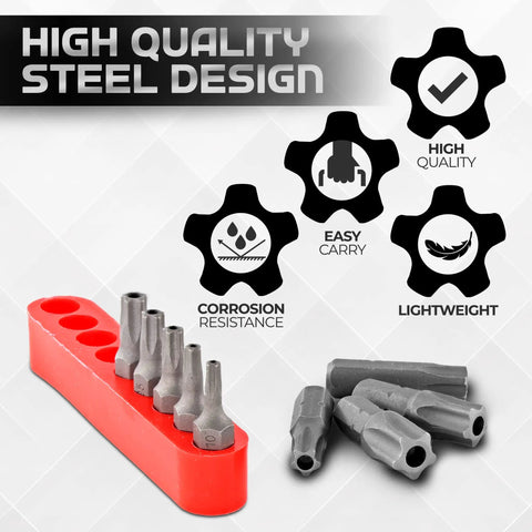 Heavy Duty Torx Star Five Point Tamper Proof Security Bits Set in red case with five bits shown separately, highlighting steel design features.