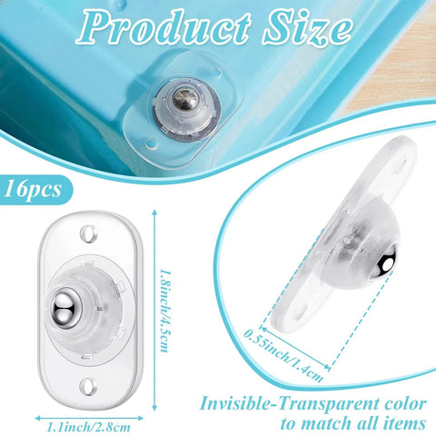 Self Adhesive Caster Wheels 16 Pack for Heavy Boxes Clear Steel Silent and Stable Move With Ease Peel and Stick Installation Ground Friendly Scratch Free Performance Ideal for Home Office Storage, 1.8in