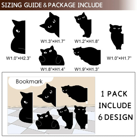 Image showing Six Pack Cute Cat Magnetic Bookmarks Clip Set for Readers and Students with size and design details.