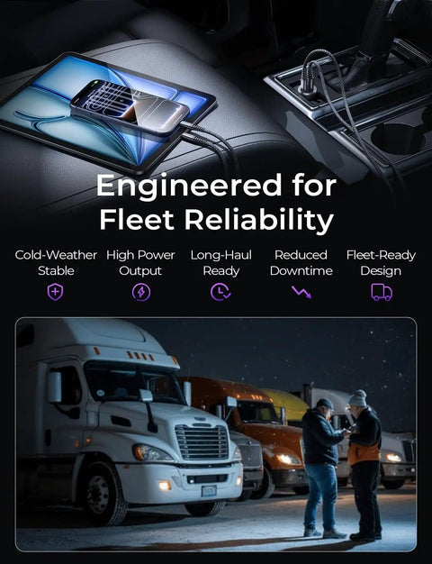 Dual USB C Car Charger 69W Fast Charging Cigarette Lighter Adapter shown with trucks in background, focus on durability.