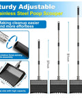 Diagram showing Two In One Chicken Poop Scooper And Rake With Adjustable Stainless Steel Handle For Coop Cleanup, sizes 24in-64in.