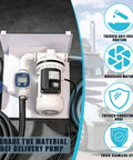 Heavy Duty 110V DEF Transfer Pump Kit For Drums And Totes With Integrated Flow Meter, stainless steel nozzle, and hoses.