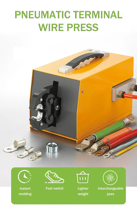 Industrial Grade Pneumatic Crimping Machine That Delivers Reliable Air Powered Wire Terminal Crimping Plier Performance For Shop Floors And No Sweat Repairs On Stranded Cables with foot switch and various cables.
