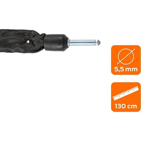Plug In Chain Lock For Bicycles And Scooters 130 Cm Long Five Point Five Mm Hardened Steel Links showing chain pin size