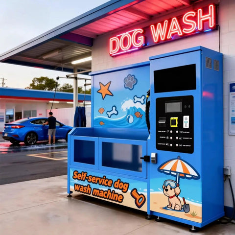 Self Service Pet Bathing Station With High Pressure Adjustable Sprayer Built For Large Medium And Small Pets Perfect For Grooming Shops And Pet Stores Rugged Commercial Pet Washing Machine For Easy No Sweat Cleaning installed outdoors.