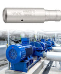 Close-up of cylindrical EDM wire guide nozzle with side hole; metal body against blue industrial machinery backdrop.