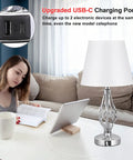 White Touch Table Lamps Set Of 2 With USB C Ports And USB A, Spiral Cage Base Design, next to woman reading