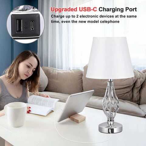 White Touch Table Lamps Set Of 2 With USB C Ports And USB A, Spiral Cage Base Design, next to woman reading