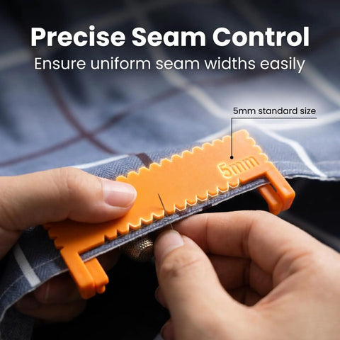 Close-up of hands using 5mm ruler from 40 Piece Sewing Kit With Five Size Clip On Ruler Set Edge Stitch Quilting Templates Plus Needles Thread Needle Threaders And Seam Ripper For Even Hemming Stitches Great For Hand Sewing Clothing Repair And Everyday DIY Projects.