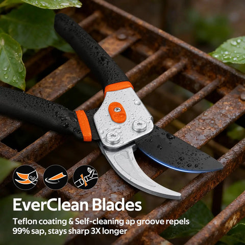 Heavy Duty Pruning Shears 8.5 Inch Pro Garden Pruner with Jam-Proof Spring on rusted metal surface