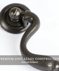 Close-up of Oil Rubbed Bronze Drop Bail Drawer Pull showing bead center, zinc alloy material, 4 inch center to center.