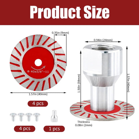 Badass Grade 4 Pack Mini Diamond Saw Blades Set For Granite Marble And Tile Precision Cutting With 5 8 11 Arbor Includes Flange Fasteners For Beveling Detail Projects, showing size and mounting details.