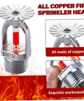 Straight Up Bulletproof Pendent Fire Sprinkler Head With Lightning Quick Response Trigger And Reliable Downward Spray Plus Half Inch Npt Thread For No Mess Residential Or Commercial Safety Gear, close-up view showcasing copper build and 1/2 inch thread.