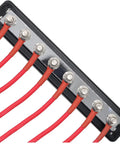 Heavy Duty 600A Battery Busbar 12 To 48V DC Power Distribution Block showing eight M10 terminal studs and red cables.