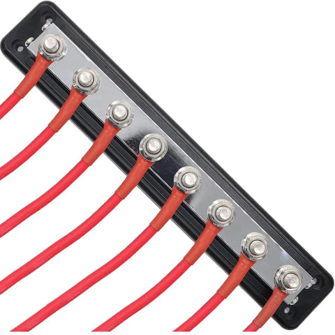 Heavy Duty 600A Battery Busbar 12 To 48V DC Power Distribution Block showing eight M10 terminal studs and red cables.