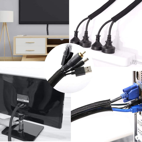 25 Foot One Half Inch Braided Cable Management Sleeve Self Wrapping Split Wire Loom Black in use with TV and computer cables
