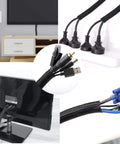 Collage of Twenty Five Foot One Inch Braided Cable Management Sleeve organizing cables around a TV, computer, and power strip, black polyethylene.