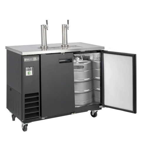 Badass Black Draft Beer Dispenser With Dual Insulated Taps And Heavy Duty Stainless Steel Top showing roomy interior for two full size kegs.