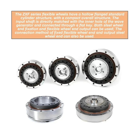 Precision Strain Wave Gear Harmonic Reducer With Knockout 30 To 1 Ratio, four metal wheels showcasing compact design for CNC applications.