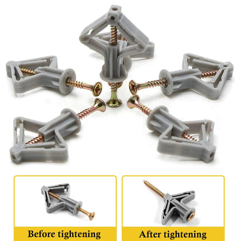 Self Drilling Drywall Anchor Kit With Screws For Hollow Walls And Gypsum Board Nylon Expansion Plugs shown before and after tightening.