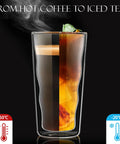 Heavy Hitting Double Wall Glass Coffee Tumblers Set Of Two Features Wave Borosilicate Build and Zero Sweat Outer Shell with hot coffee and iced tea.