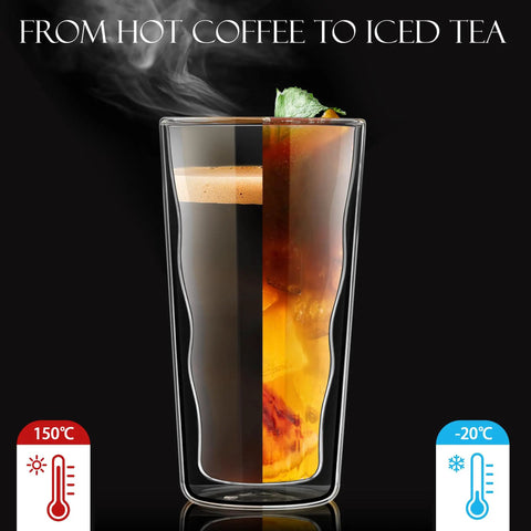 Heavy Hitting Double Wall Glass Coffee Tumblers Set Of Two Features Wave Borosilicate Build and Zero Sweat Outer Shell with hot coffee and iced tea.