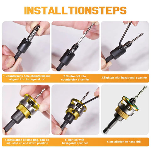 Woodworking Countersink Drill Bit Set, 7 Piece HSS Tapered Bits With One Quarter Inch Hex Shank Quick Change installation steps