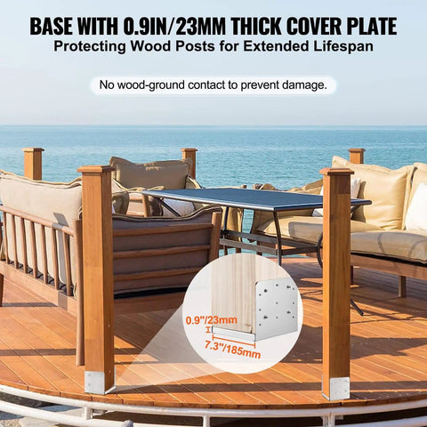 Adjustable 8 By 8 Post Base Bracket Set, Stainless Steel Post Anchor For Pavilion Deck Porch Handrail Railings on a deck.