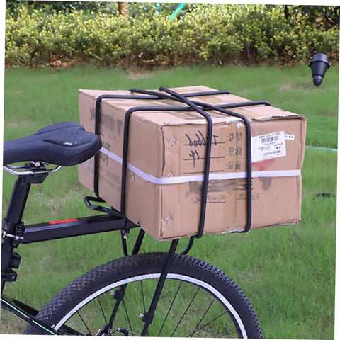Elastic Cargo Binding Belt With Quick Release Tensioner securing boxes on a bicycle rack for outdoor gear hauling.