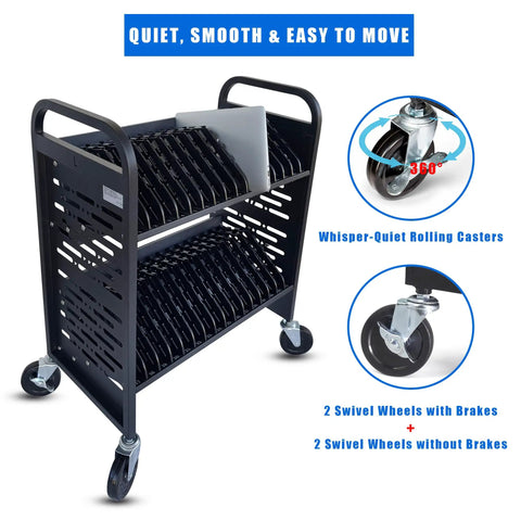 Slick 32 Device Laptop Charging Cart With Built In Surge Protection, featuring whisper-quiet rolling casters for easy mobility.