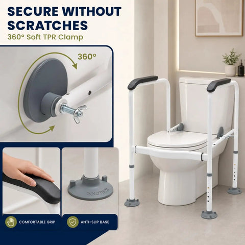 Rock Solid Toilet Safety Rail For Seniors With Heavy Duty Adjustable Steel Frame And A Darn Sure 330 Pound Capacity For Easy Bathroom Transfers And Dependable Home Support, close-up of TPR clamp and grips.