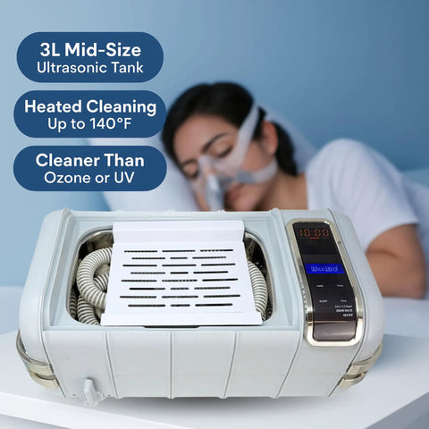 Keep It Fresh On The Daily With This Medium CPAP Ultrasonic Cleaner Equipped With A Stainless Steel Basin And Protective Basket To Deep Clean Masks Hoses And Sleep Apnea Gear, featuring a mid-size tank and control panel.