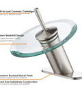 Waterfall Bathroom Sink Faucet In Brushed Nickel With Glass Disk Rinser, Solid Brass Construction, Single Hole Design
