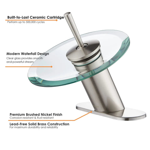 Waterfall Bathroom Sink Faucet In Brushed Nickel With Glass Disk Rinser, Solid Brass Construction, Single Hole Design