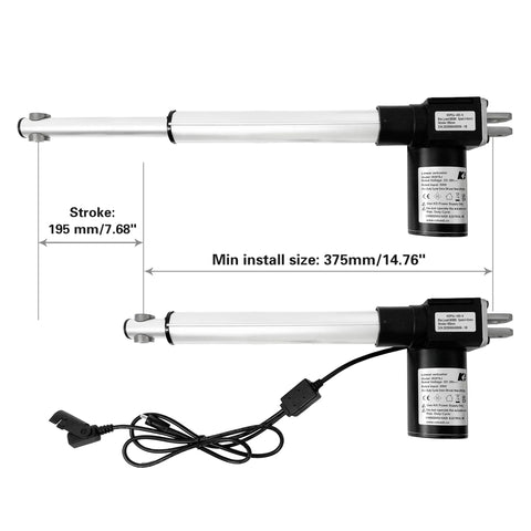 Front view of dual Kaidi linear actuators for power recliner lift chairs; silver cylinders with black motor housings and cord