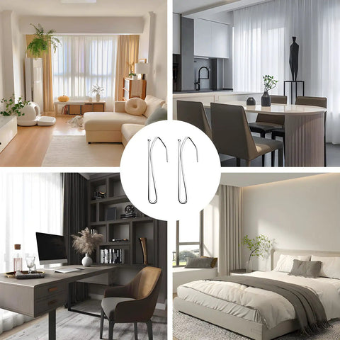 50 Pack Heavy Duty Stainless Steel Pinch Pleat Curtain Hooks 2.68 Inch Drapery Hooks Durable Metal Curtain Hangers That Grab Fabric Tight Easy Install Round Head Design Sturdy Construction For Long Lasting Use Great For Pinch Pleat Drapery Quick Install, shown in home rooms