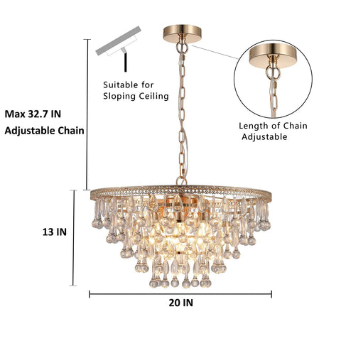 Gold Crystal Raindrop Chandelier Pendant Light For Dining And Living Rooms, 5 tier adjustable fixture with measurements