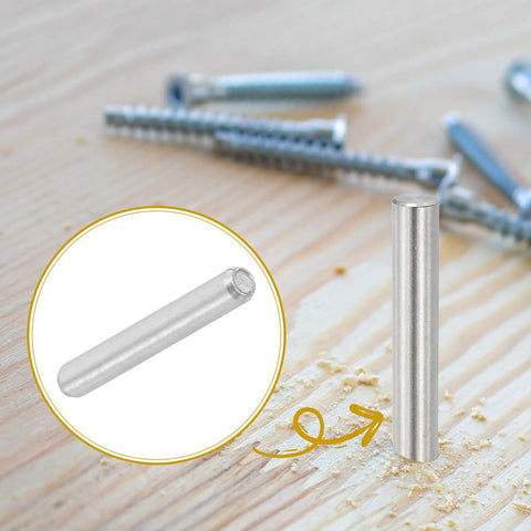 Prime Grade 2mm X 15mm Stainless Steel Dowel Pins 60 Pack on wood, showcasing a dowel pin used for furniture repairs.