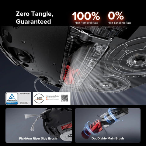 roborock Saros 10R robot vacuum and mop, black, underside view with FlexiArm side brush and DuoDivide main brush