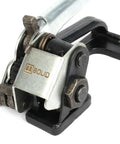 Close-up of Rock Solid Steel Strapping Tensioner Tool, detailing mechanism and metal construction for securing loads.