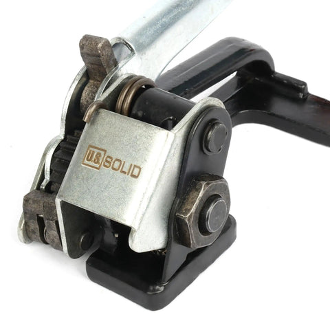 Close-up of Rock Solid Steel Strapping Tensioner Tool, detailing mechanism and metal construction for securing loads.