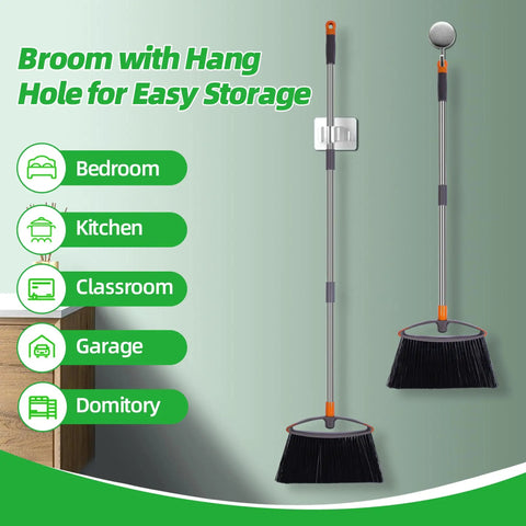 Heavy Duty Broom With Collapsible Handle For Indoor Outdoor Sweeping, Stiff Bristles Tackle Pet Hair Dust And Grime On Wood Or Tile Floors, Gray Real Workhorse Cleaner That Gets It Done, shown with hang hole for easy storage.