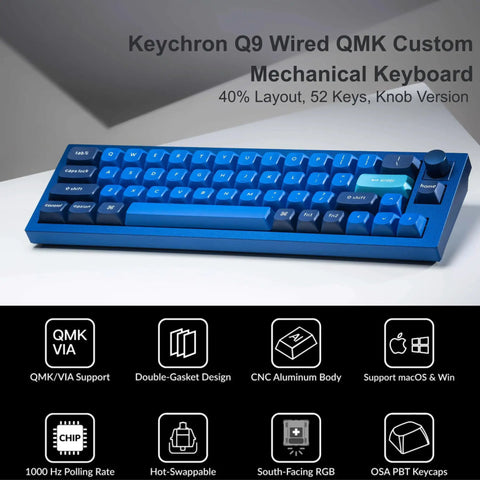 Compact 52 Key Mechanical Keyboard With Solid Aluminum Frame And Tunable Layers Featuring Hot Swappable Gateron Red Switches Custom Rgb Lighting And Straight Fire Typing Feel Perfect For Mac Or Windows Setups Ready To Level Up Your Gear Legit Fast, showcasing a blue 40% layout with knob and PBT keycaps.